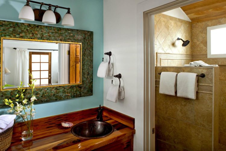 Wood cabinet with antique brass sink and fixtures and rectangular mirror with connecting bathroom with tiled walk-in shower