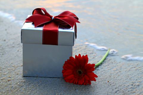 Square box with red ribbon and red flower laying next to it on beach